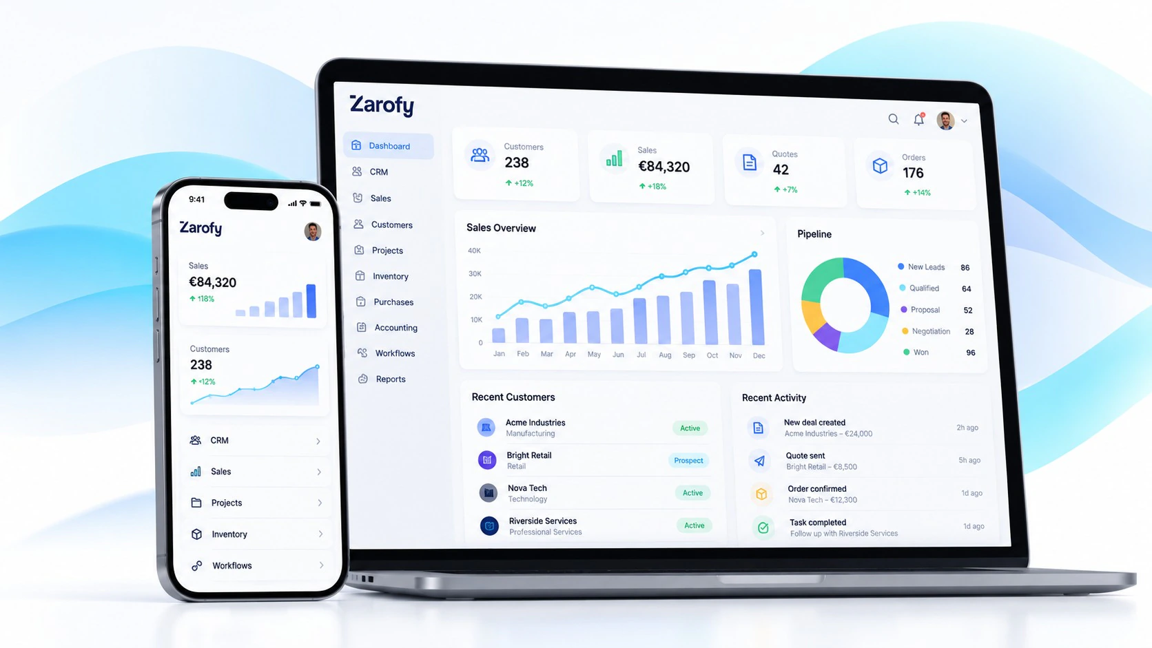 Ilustración de un portátil y un móvil con paneles de gestión, gráficos e indicadores de Zarofy.