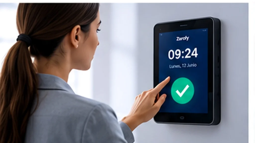 Mujer utilizando una pantalla de control horario que muestra la hora y una confirmación de fichaje.
