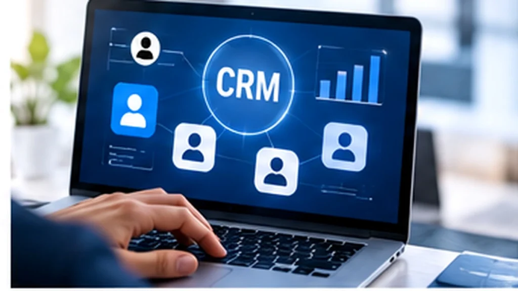 Persona utilizando un portátil con un esquema de CRM, perfiles de clientes y un gráfico de barras.