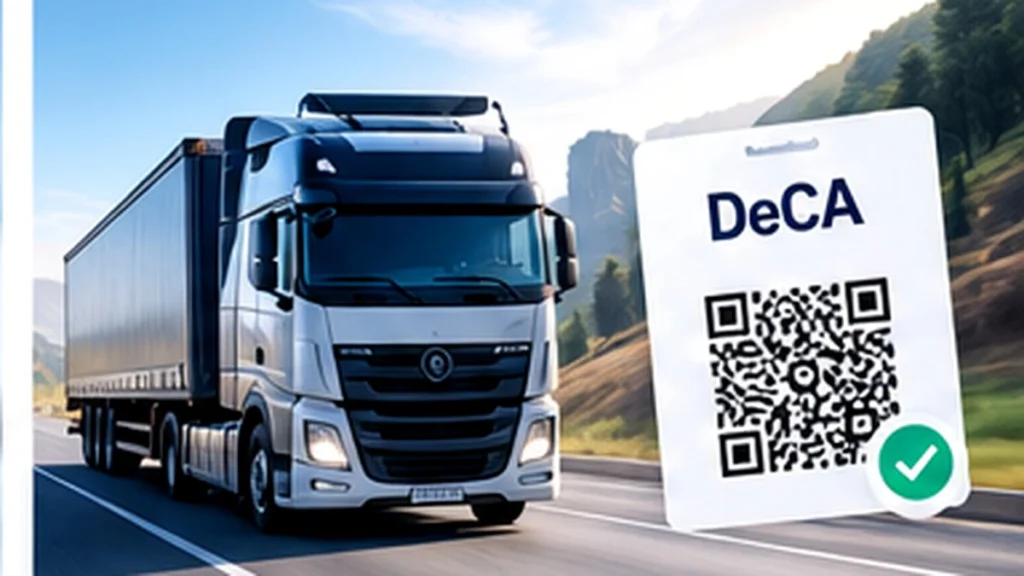 Camión en una carretera junto a una representación de un documento DeCA con código QR.