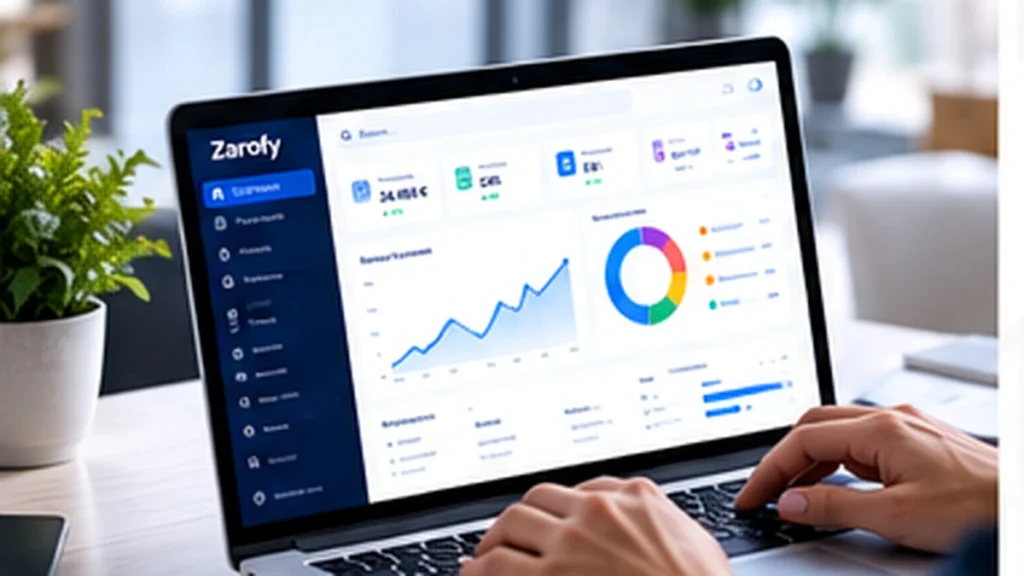 Persona trabajando en un portátil con un panel de gestión de Zarofy, gráficos de ventas e indicadores del negocio.