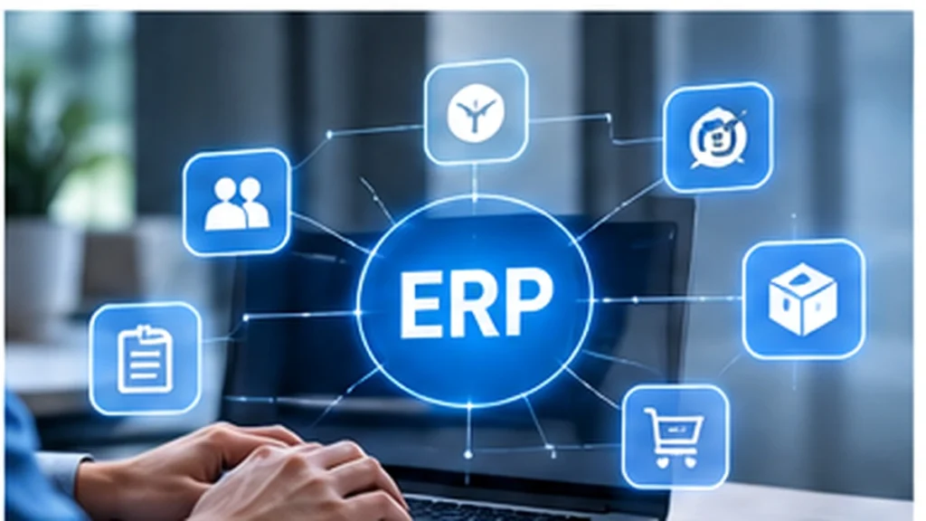 Portátil con un esquema de ERP conectado a iconos de clientes, inventario, facturación y otras áreas de gestión.