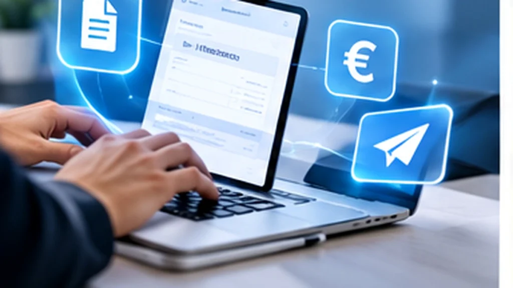 Manos sobre un portátil junto a representaciones de una factura electrónica, un símbolo de euro y un envío digital.