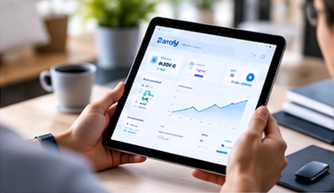 Persona sosteniendo una tablet con un panel de gestión de Zarofy y un gráfico de evolución de ventas.
