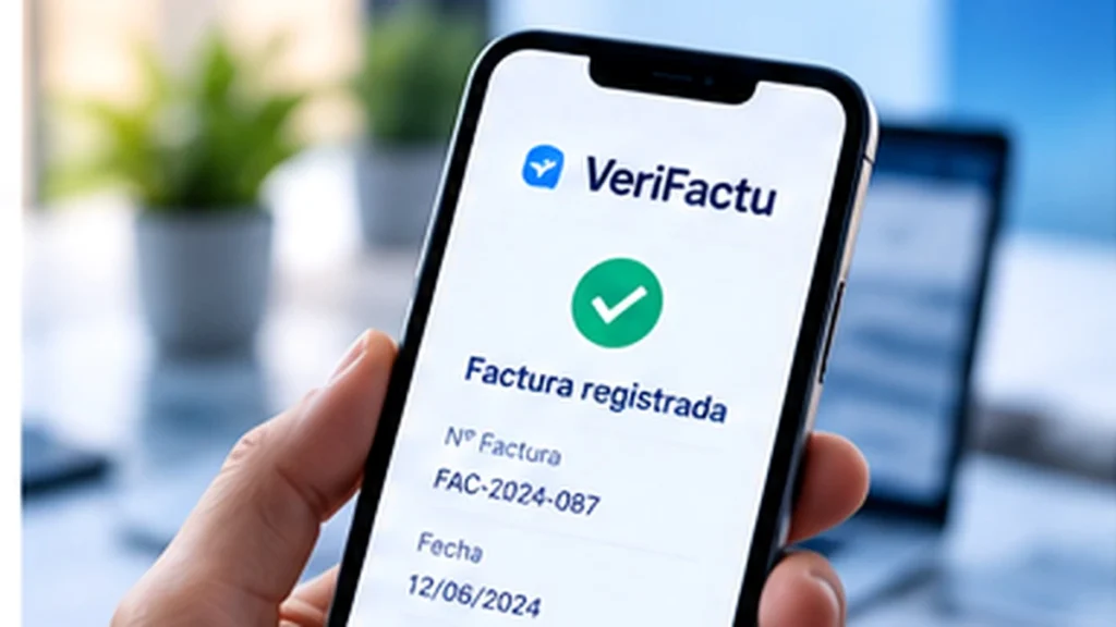 Móvil con una pantalla de VeriFactu y el mensaje «Factura registrada» junto a una marca de verificación.