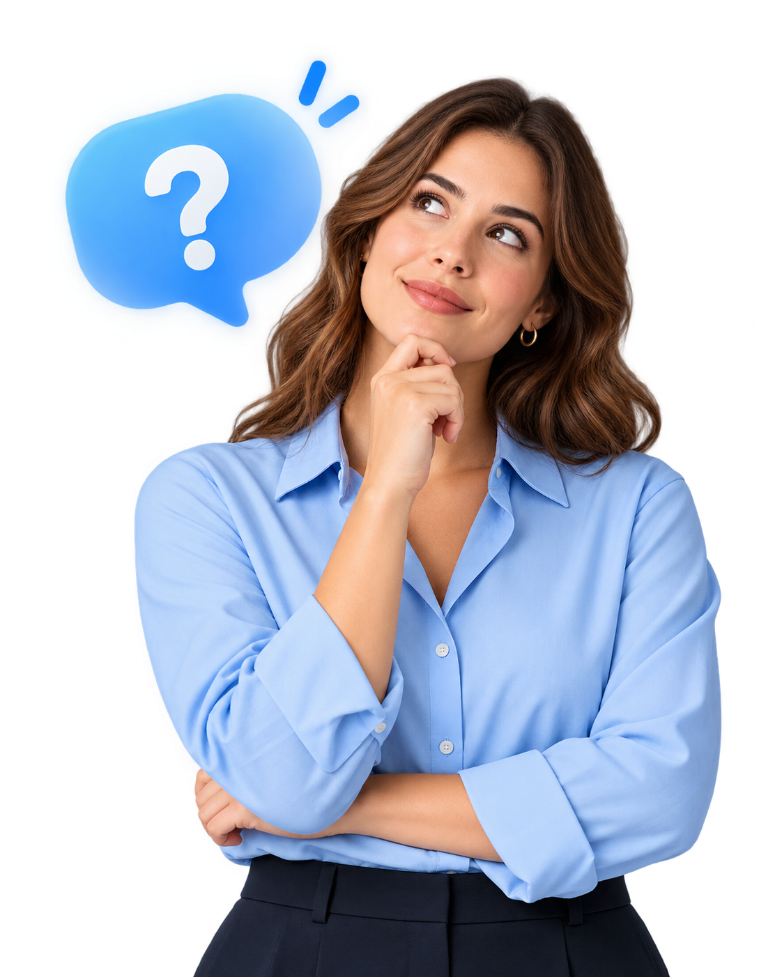Zarofy Control Horario: Mujer con camisa azul junto a un símbolo de interrogación.