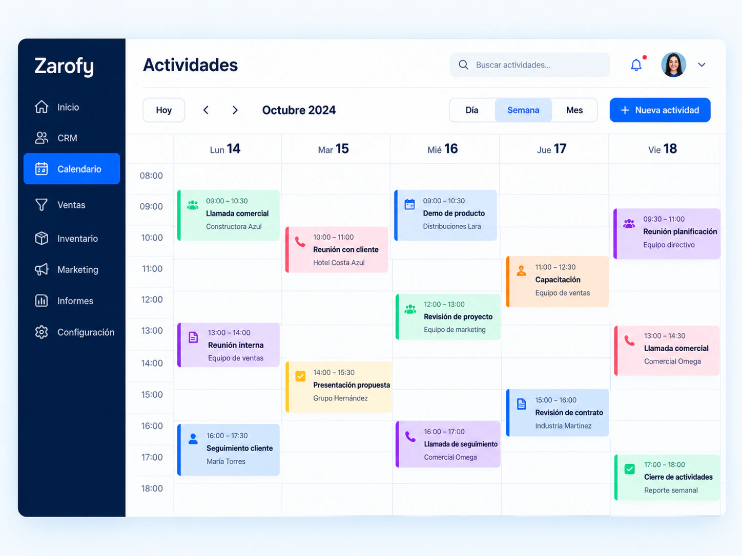 Ilustración de un calendario semanal con llamadas, reuniones y tareas de seguimiento comercial.