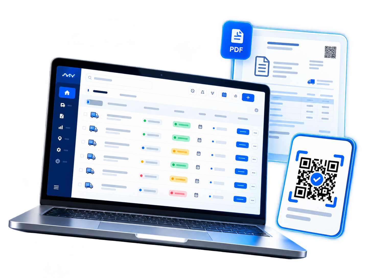 Ilustración de la gestión de expediciones en un portátil con PDF de transporte y código QR.