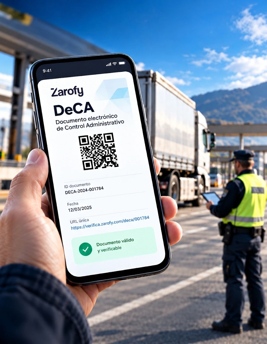 Ilustración de un documento DeCA de Zarofy con código QR en un móvil junto a un camión y un control en carretera.