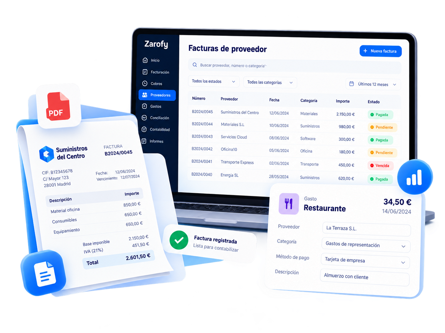 Ilustración de facturas de proveedor, documentos PDF y una propuesta de registro de gasto.