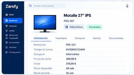 Detalle ilustrativo de una ficha de producto con referencia, código de barras y datos de existencias.