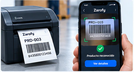 Ilustración de una etiqueta de código de barras y un móvil que identifica un producto; compatibilidad por confirmar.