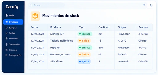 Detalle ilustrativo de una tabla de movimientos con entradas, salidas, cantidades y ubicaciones.