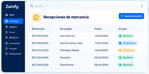 Detalle ilustrativo de una lista de recepciones de mercancía con proveedores, fechas y estados.
