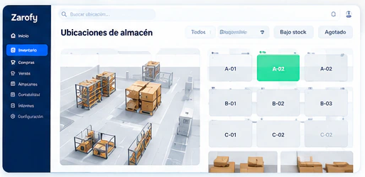 Detalle ilustrativo de un panel de ubicaciones con una vista del almacén y casillas de localización.