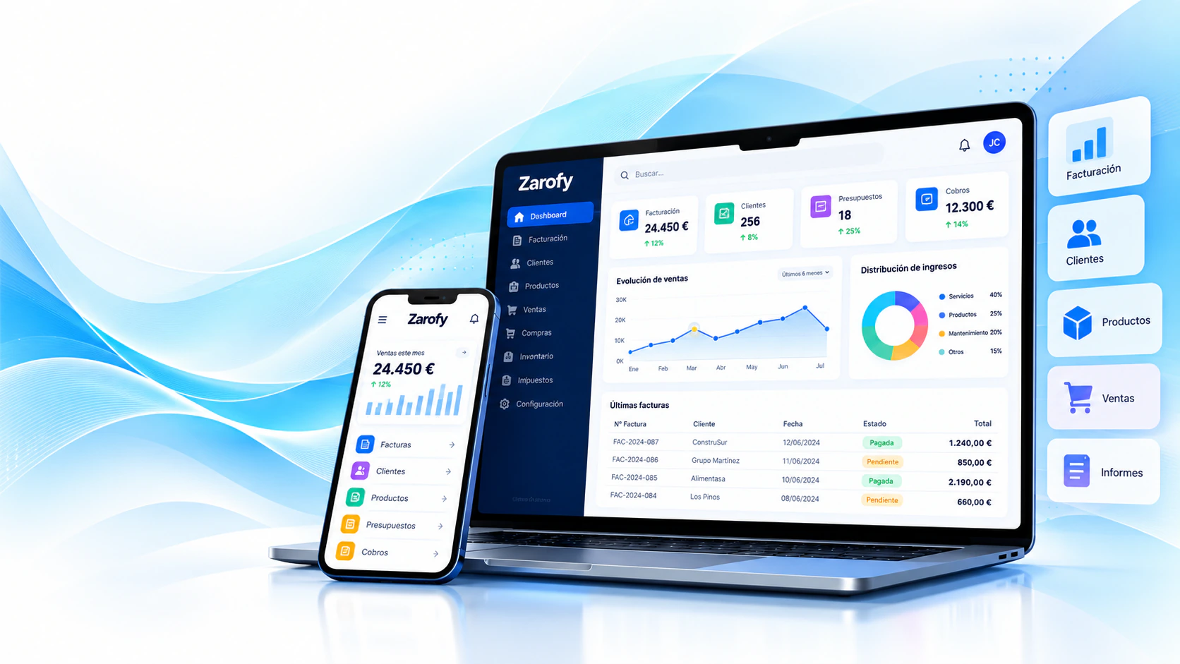 Panel de gestión ERP y CRM de Zarofy en un portátil y un móvil, con facturación, clientes, presupuestos, cobros e informes de ventas.