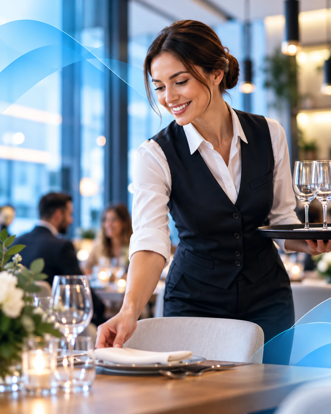 Ilustración de una profesional de hostelería preparando una mesa en un restaurante.